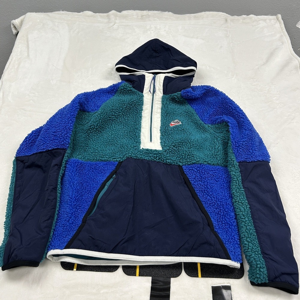 Nike Sherpa Fleece Anorak Hoodie Mens Small Blue Teal Colorblock Quarter Zip